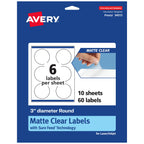 Avery® Matte Clear Round Labels, Sure Feed® Technology, 3" Diameter, 60 Matte Clear Labels, Print-to-The-Edge, Laser/Inkjet Printable 60 labels