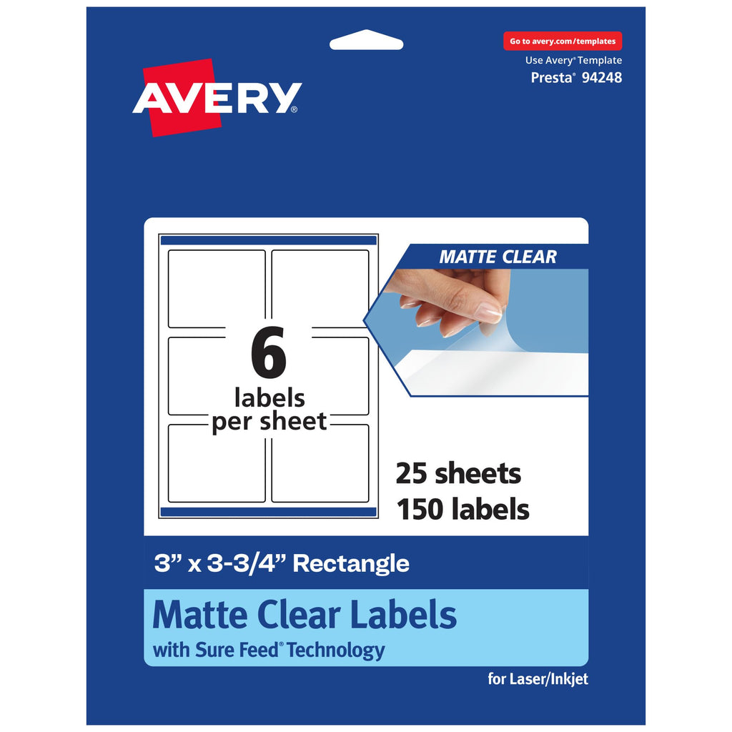 Avery Matte Clear Rectangle Labels, Sure Feed Technology, 3" x 3.75", 150 Matte Clear Labels, Print-to-The-Edge, Laser/Inkjet Printable 150 labels