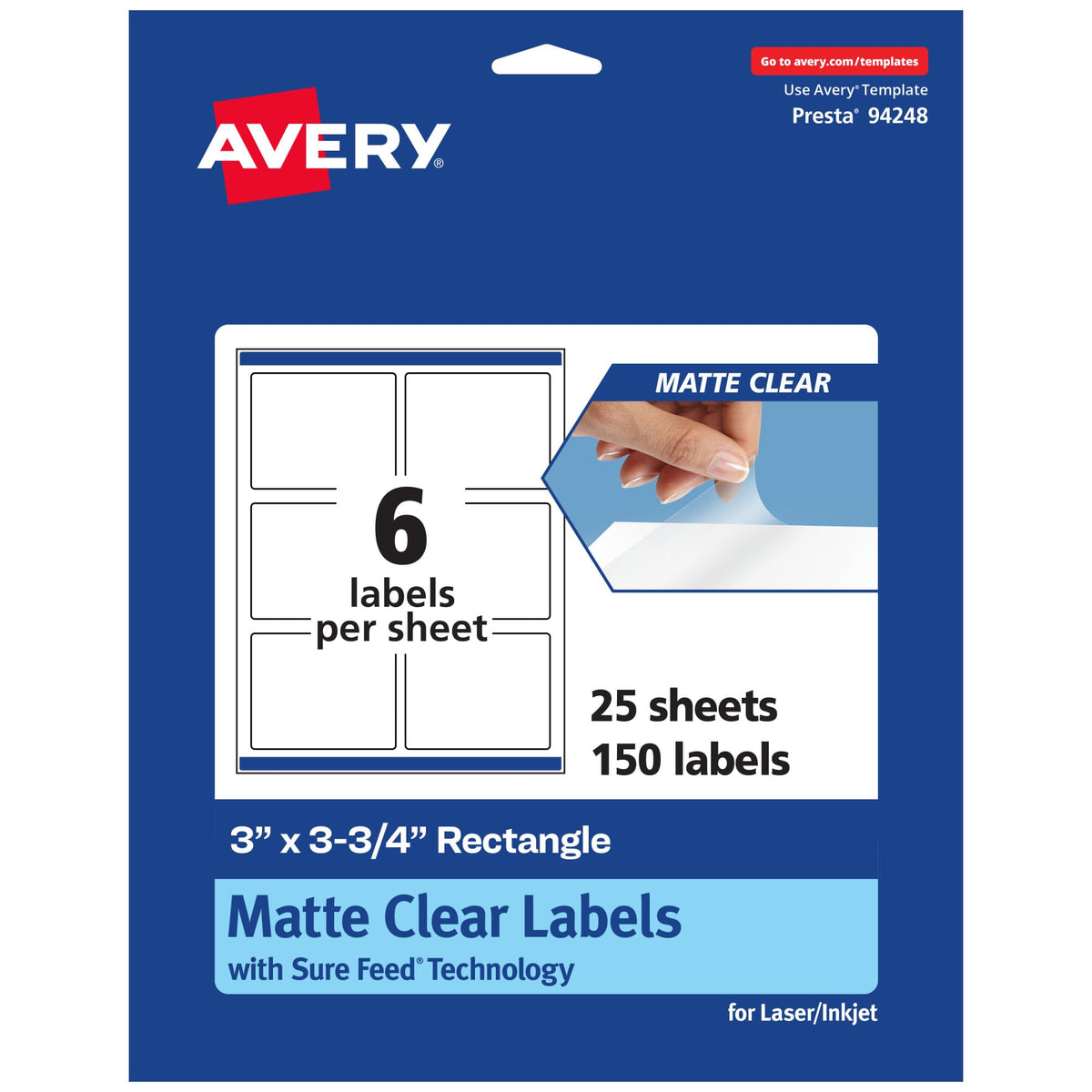 Avery Matte Clear Rectangle Labels, Sure Feed Technology, 3" x 3.75", 150 Matte Clear Labels, Print-to-The-Edge, Laser/Inkjet Printable 150 labels