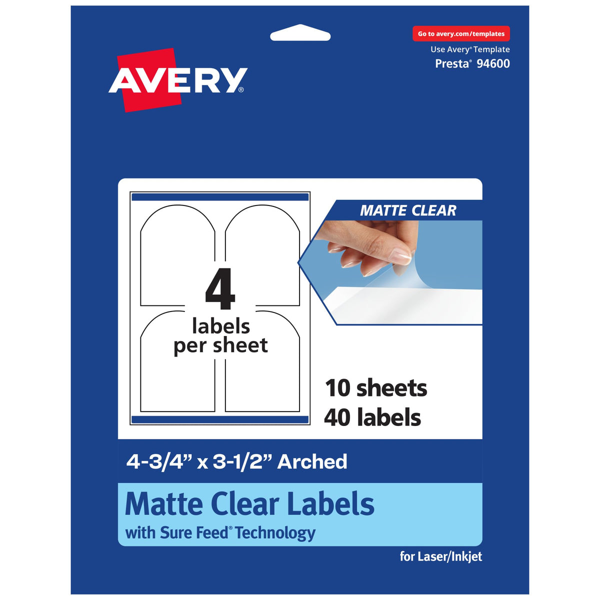 Avery Matte Clear Arched Labels, Sure Feed Technology, 4.75" x 3.5", 40 Matte Clear Labels, Print-to-The-Edge, Laser/Inkjet Printable 40 labels
