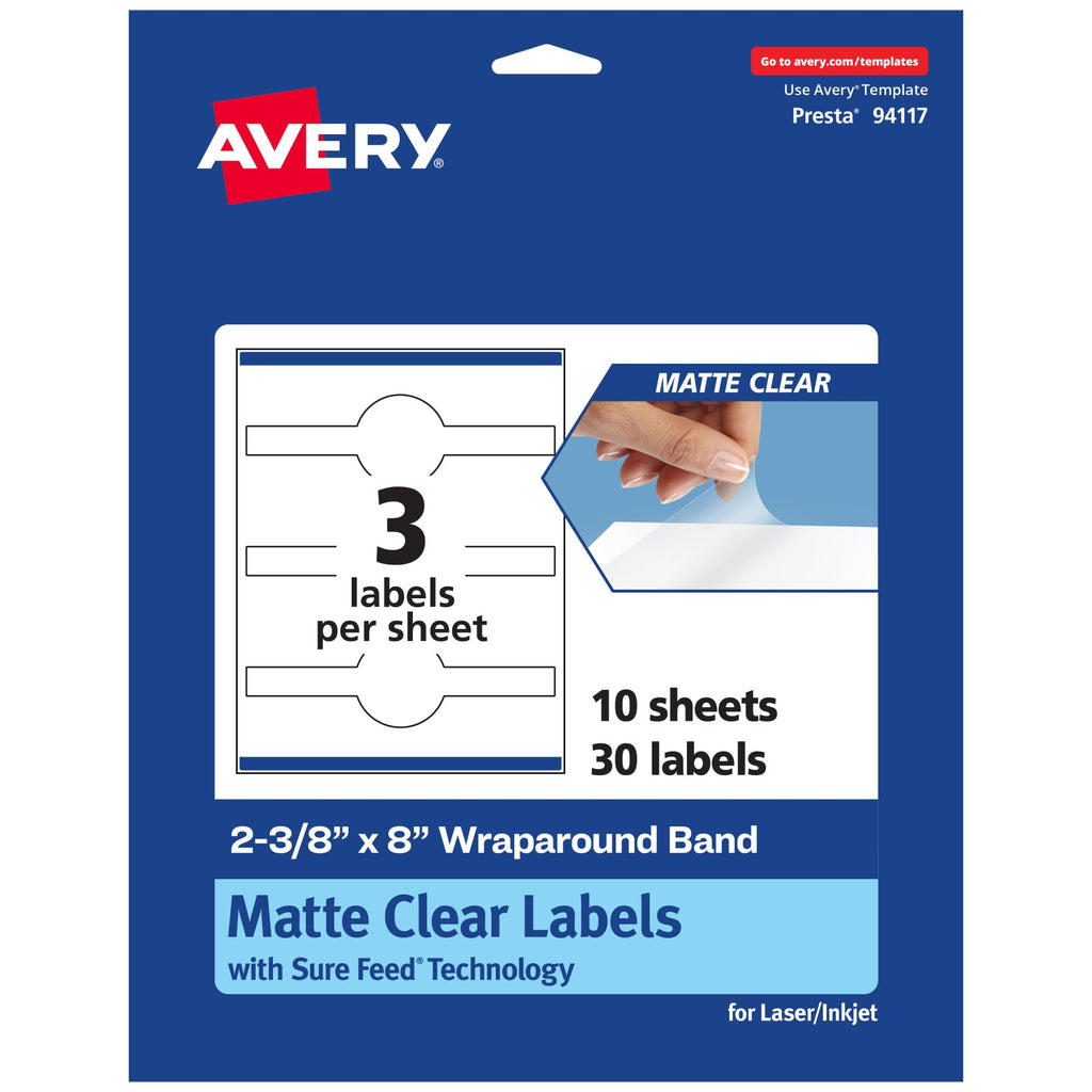 Avery Matte Clear Wraparound Band Labels, Sure Feed Technology, 2-3/8" x 8", Cigar Band Labels, 30 Total, Laser/Inkjet Printable 30 labels