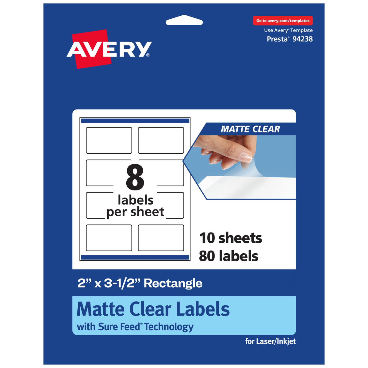 Avery Matte Clear Rectangle Labels, Sure Feed Technology, 2" x 3.5", 80 Matte Clear Labels, Print-to-The-Edge, Laser/Inkjet Printable 80 labels