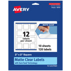 Avery® Matte Clear Square Labels, Sure Feed® Technology, 2" x 2", 120 Matte Clear Labels, Print-to-The-Edge, Laser/Inkjet Printable 120 labels