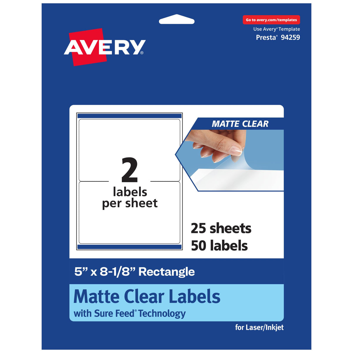 Avery® Matte Clear Rectangle Labels, Sure Feed® Technology, 5" x 8-1/8", 50 Matte Clear Labels, Laser/Inkjet Printable 50 labels