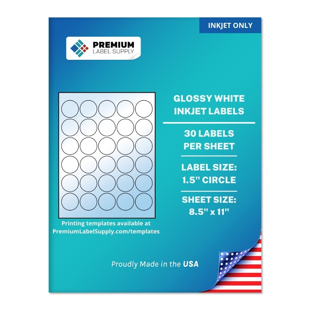 Premium Label Supply Glossy White Sticker Round Labels – 1.5" Circle – (30 per Sheet) (Glossy White for Inkjet Only, 750 Labels) Inkjet Glossy White