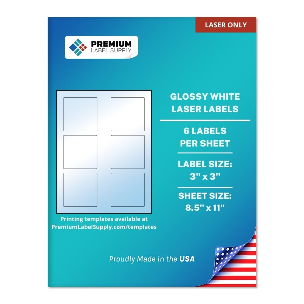 Premium Label Supply Glossy White Square Sticker Labels – 3" x 3" – (6 per Sheet) (Glossy White for Laser Only, 60 Labels) Laser Glossy White