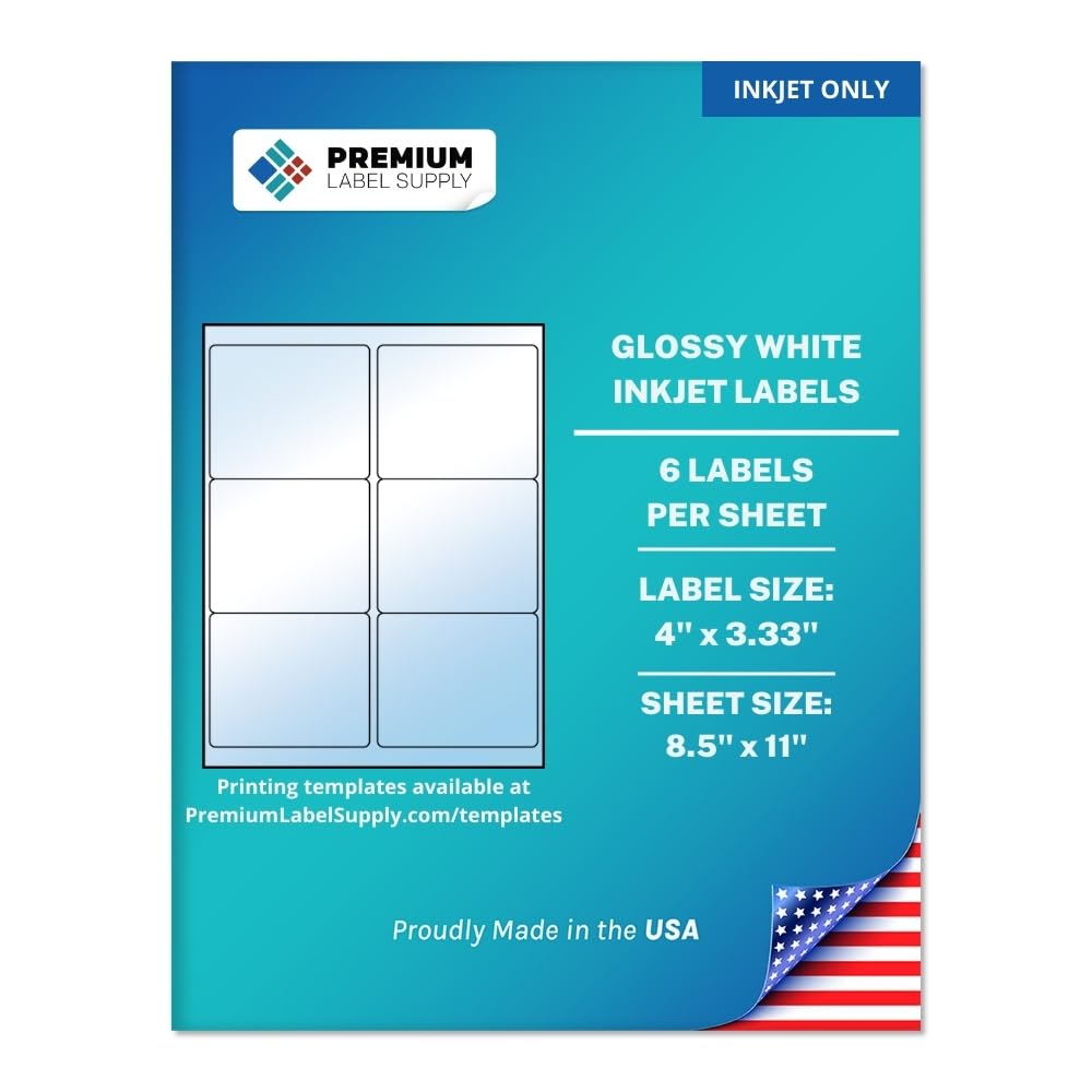 Premium Label Supply Glossy White Sticker Labels – 4" x 3.33" – (6 per Sheet) (Glossy White for Inkjet Only, 150 Labels) Inkjet Glossy White