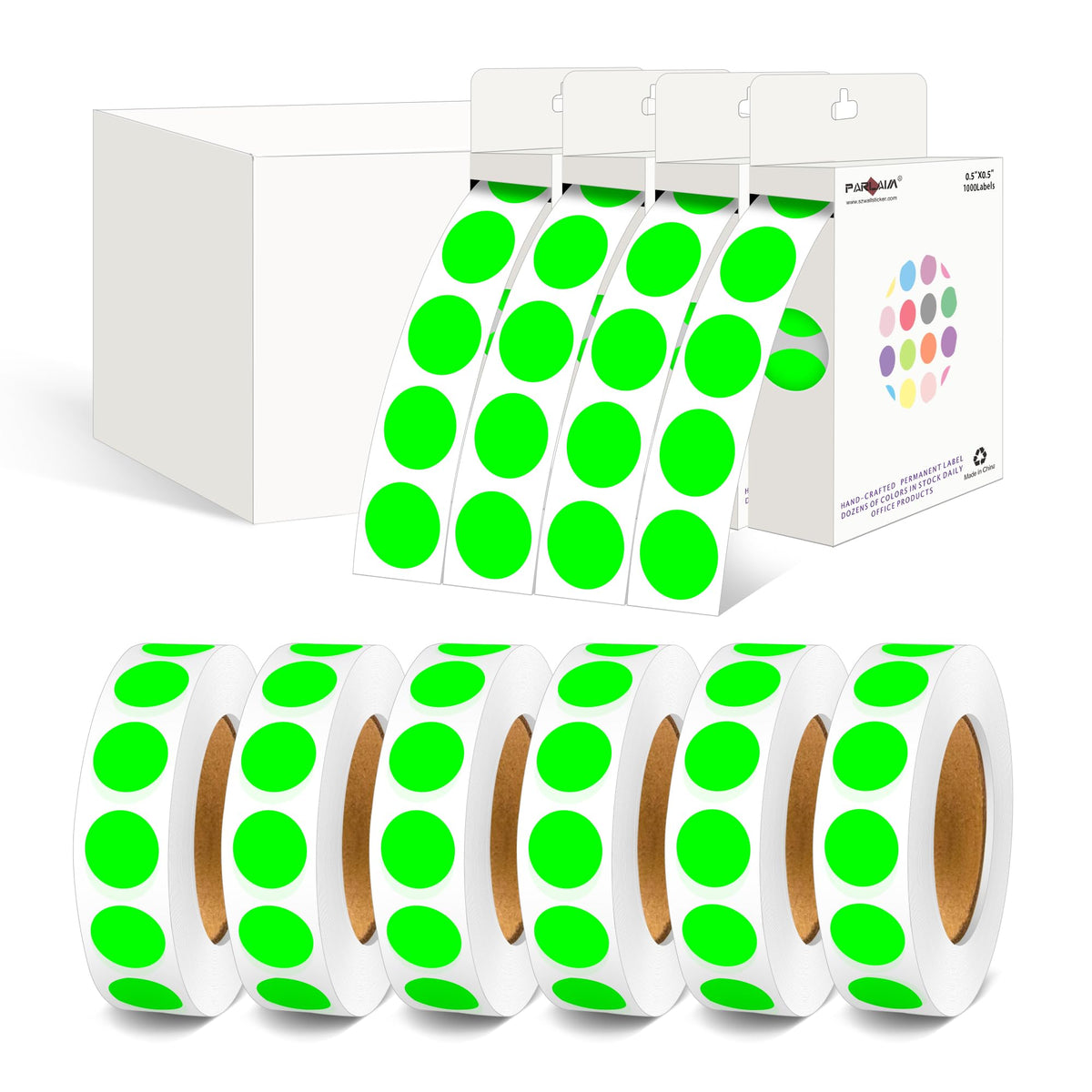 10000Pcs Fluorescent Green Dot Stickers, 1/2" Round Circle Label Permanent 10 Rolls-10000PCS