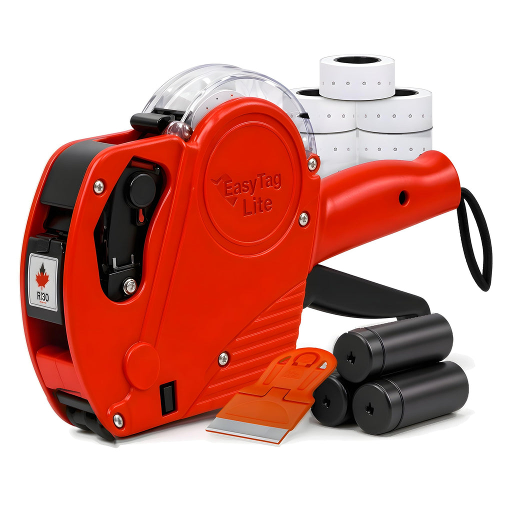 Easy Tag Lite Price Gun, 8 Digits 5500EOS Pricing Gun with 5,000 White Label Stickers, 3 Ink Rollers, 1 Scraper, Price Guns for Retail, Yard Sale (Red)