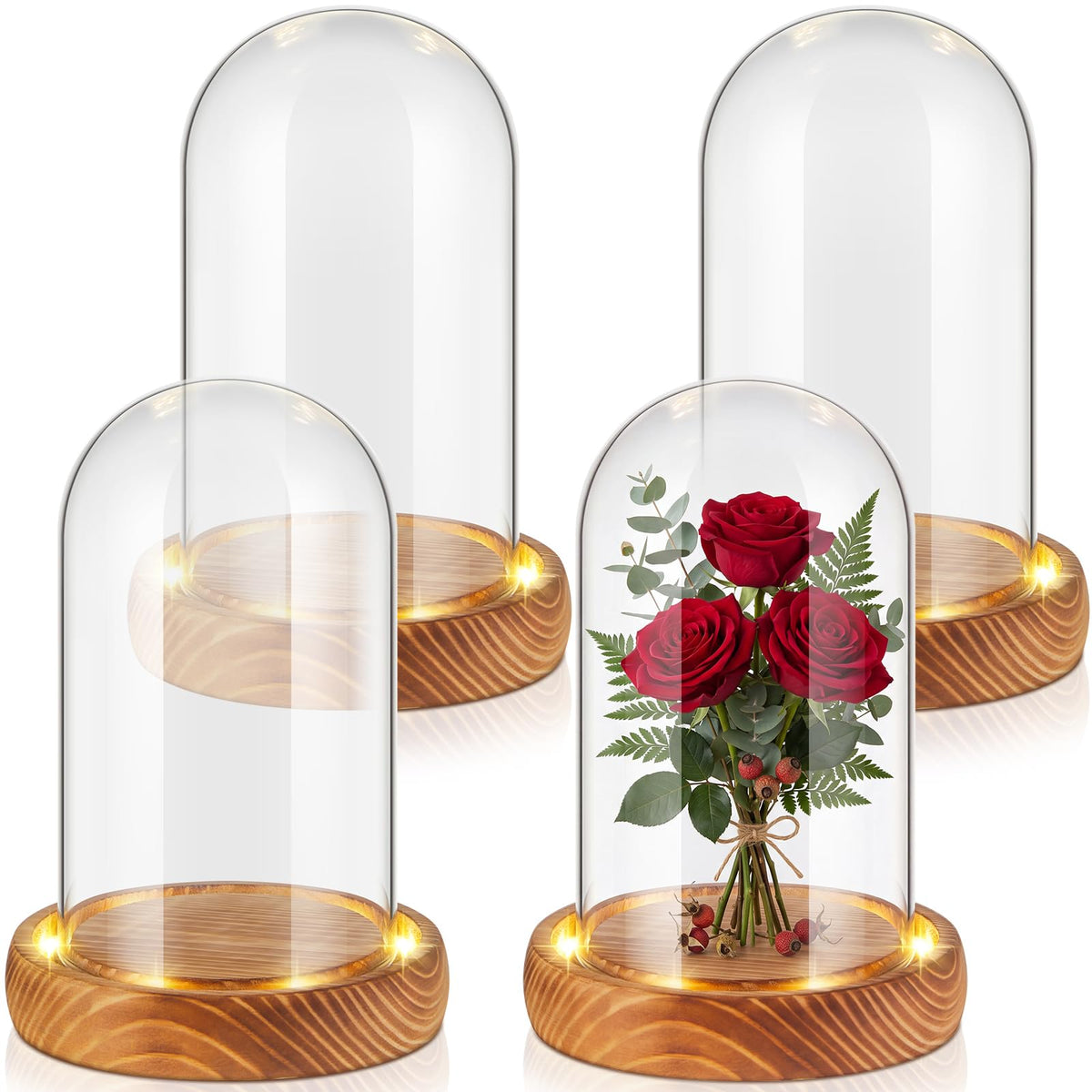 4 Pack 4.72'' x 2.76'' Christmas Glass Cloche Domes with Light Wood Base 4.72'' x 2.76''