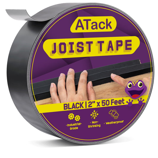 ATack Joist Tape for Decking 2 Inch x 50ft Waterproof, Non-Shrinking Deck Joist Tape 2 Inch - High Tack Butyl Flashing Sealant for Year-Round Protection on Wood, Metal, Composite, Roof Beams 2 Inch x 50 Feet Black