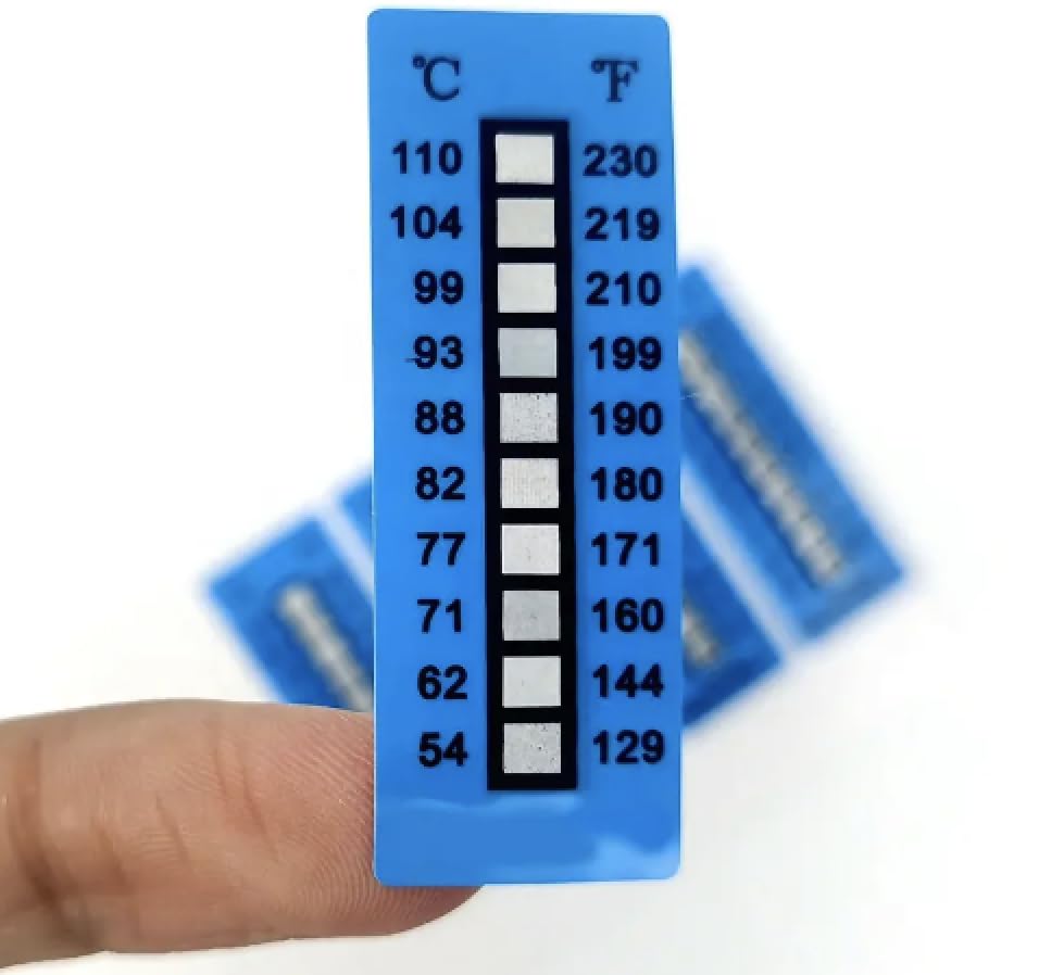 Blue high temperature measurement sticker indicating 129°F to 230°F, used as a temperature indicator by Generic.