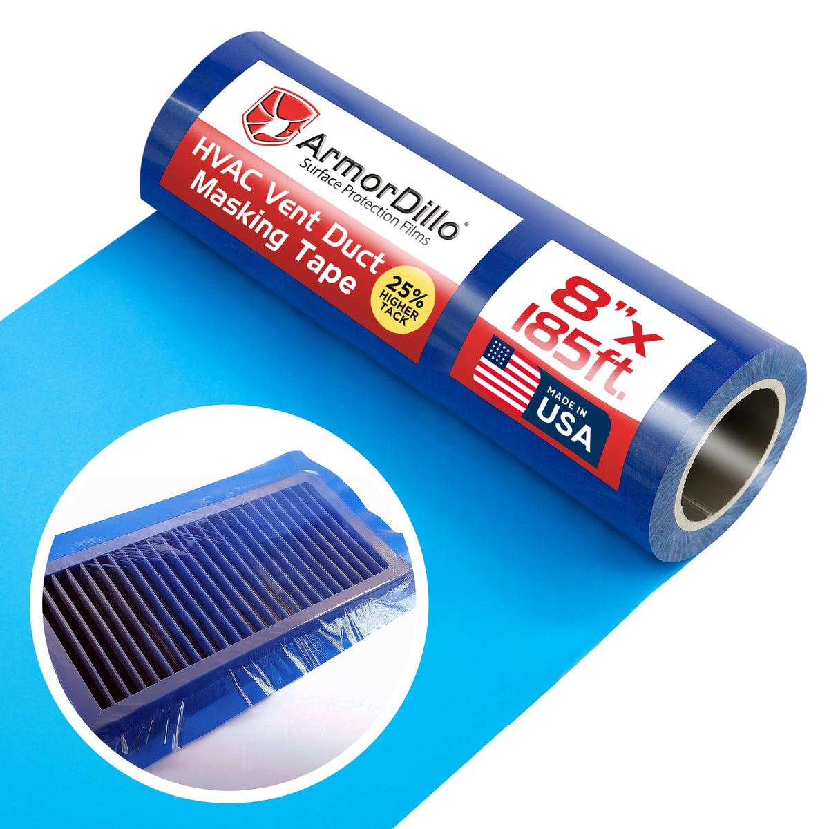 ArmorDillo High-Tack Adhesive HVAC Vent Sealing and Masking Tape. 25% HigherTack Vent Film 8” x 185 8” x 185' High Tack Adhesive Blue