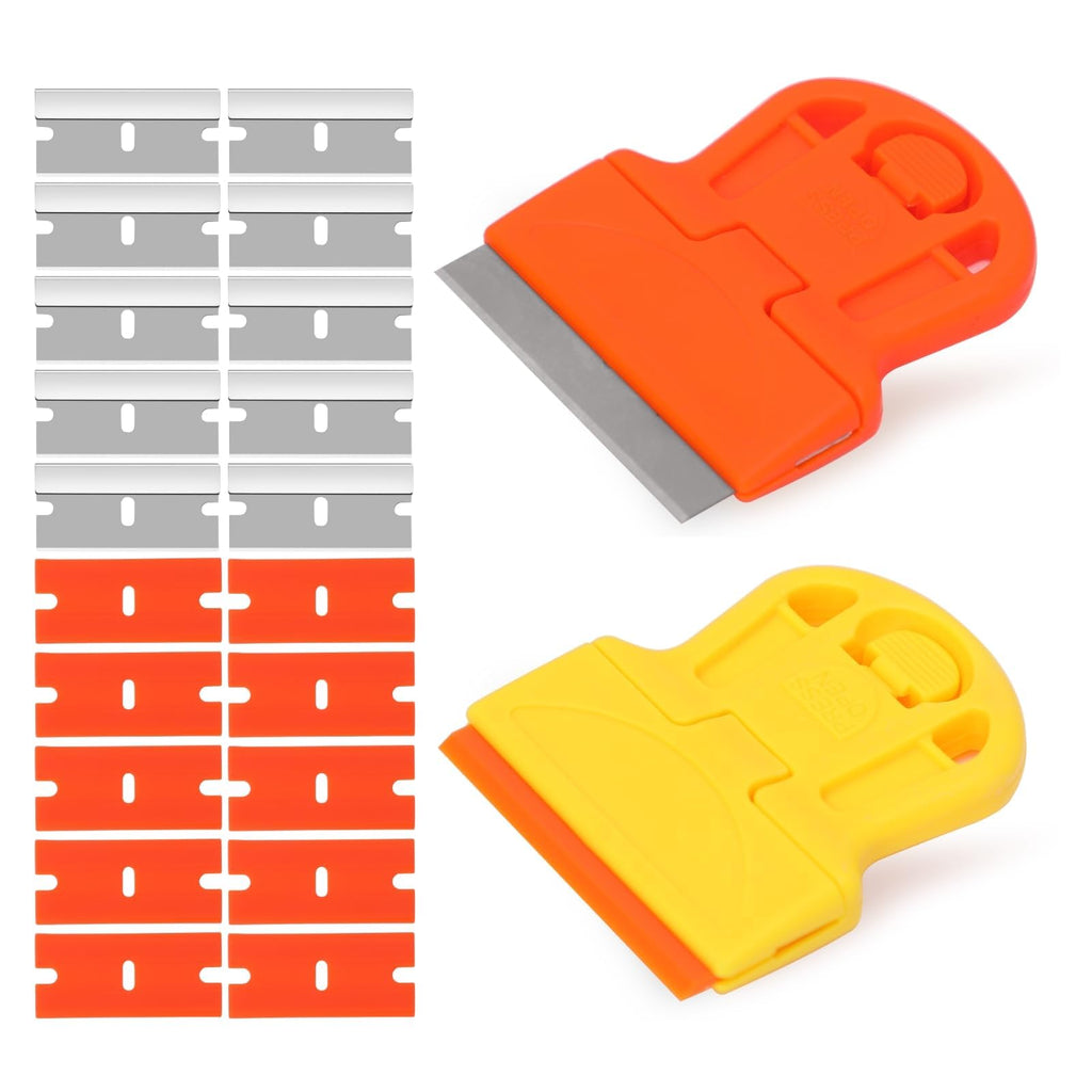 DEPOTA 2-pack plastic razor blade paint scraper with 10 plastic and 10 metal blades for removing labels, stickers, and adhesive from glass.
