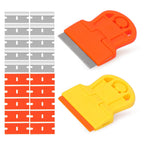 DEPOTA 2-pack plastic razor blade paint scraper with 10 plastic and 10 metal blades for removing labels, stickers, and adhesive from glass.