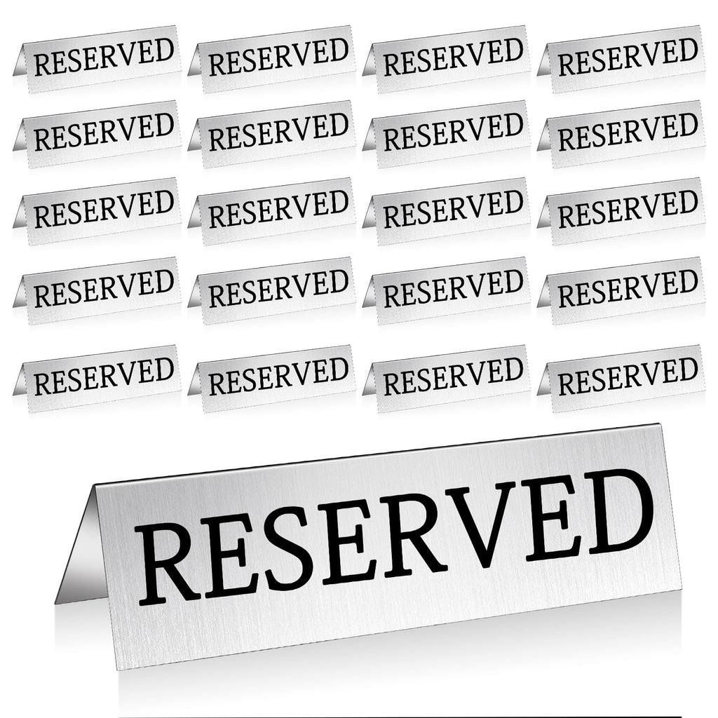 30Pcs Metal Reserved Table Signs, Double Sided Reserved Seating Signs with Protect Film, Table Tent Stand Tents Reserved Sign for Wedding Restaurant Parties Ceremony 5.9 x 1.6 Inch Silver