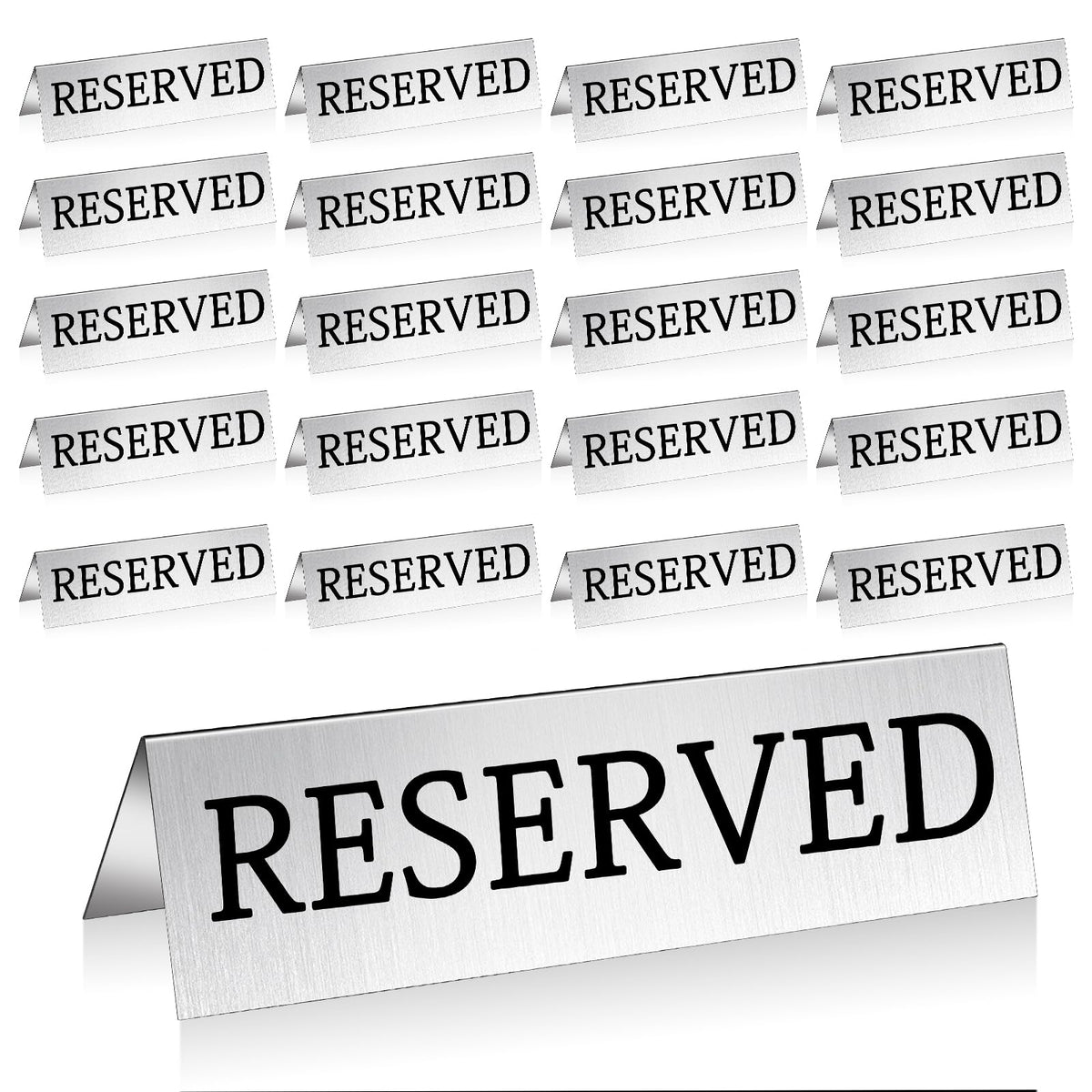 30Pcs Metal Reserved Table Signs, Double Sided Reserved Seating Signs with Protect Film, Table Tent Stand Tents Reserved Sign for Wedding Restaurant Parties Ceremony 5.9 x 1.6 Inch Silver