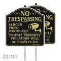 Faittoo No Trespassing Signs Private Property Video Surveillance Sign with 42" Stake, 2-Pack 12"x12" Rust Free Aluminum, Reflective, 2 Pre-drilled Holes, Includes Matching Screws & Wren Black Gold with 42" Stake- 2 Pack