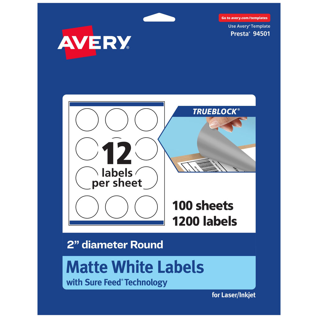 Avery TrueBlock Matte White Round Labels, Sure Feed Technology, 2" Diameter, 1,200 Matte White Labels, Print-to-The-Edge, Laser/Inkjet Printable, Great for Making Stickers or Product Merchandising 1,200 labels