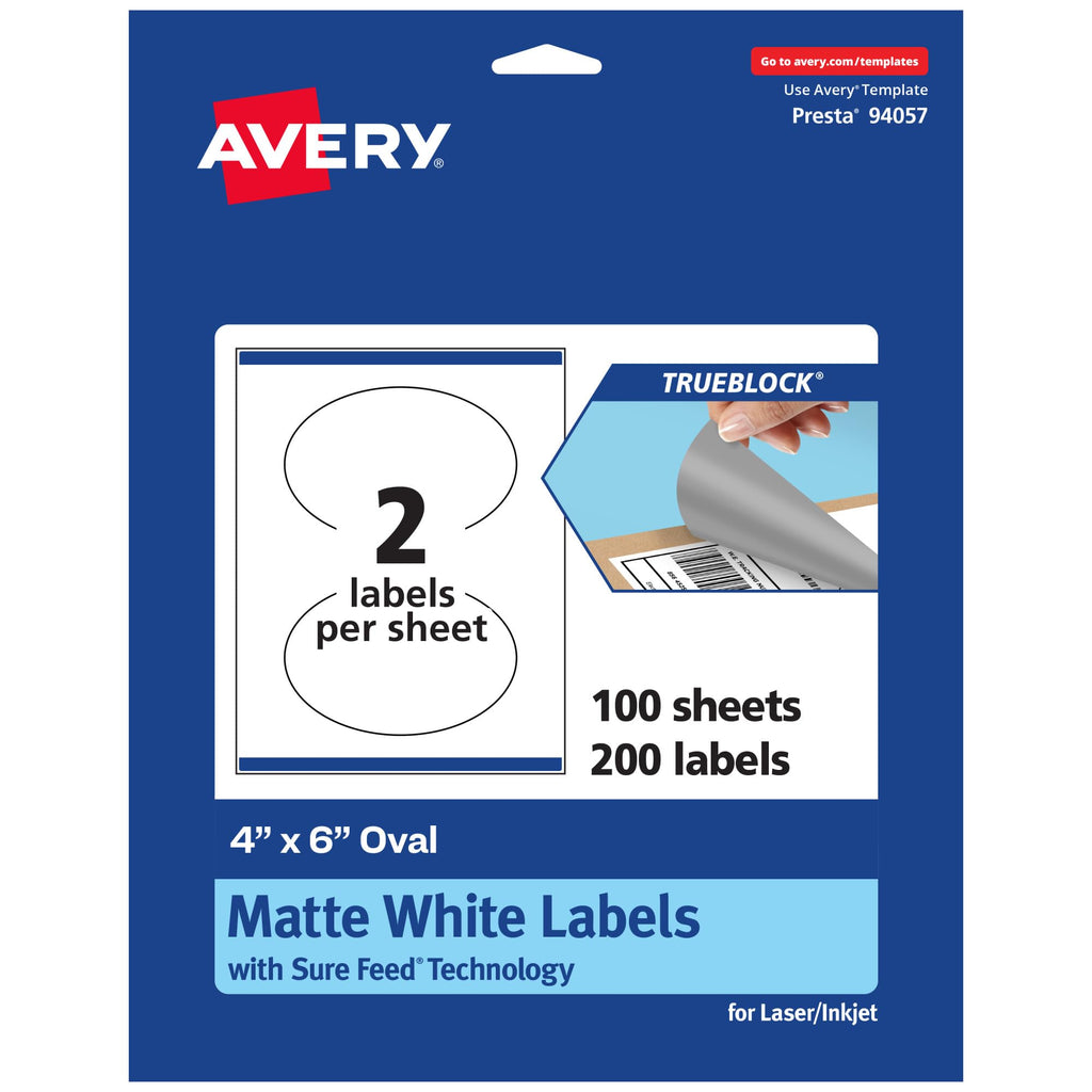 Avery TrueBlock Matte White Oval Labels, Sure Feed Technology, 4" x 6", 200 Matte White Labels, Print-to-The-Edge, Laser/Inkjet Printable, Great for Packaging and Product Merchandising 200 labels