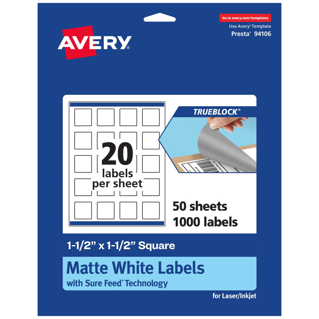 Avery TrueBlock Matte White Square Labels, Sure Feed Technology, 1.5" x 1.5", 1,000 Matte White Labels, Print-to-The-Edge, Laser/Inkjet Printable, Great for Packaging and Product Merchandising 1,000 labels