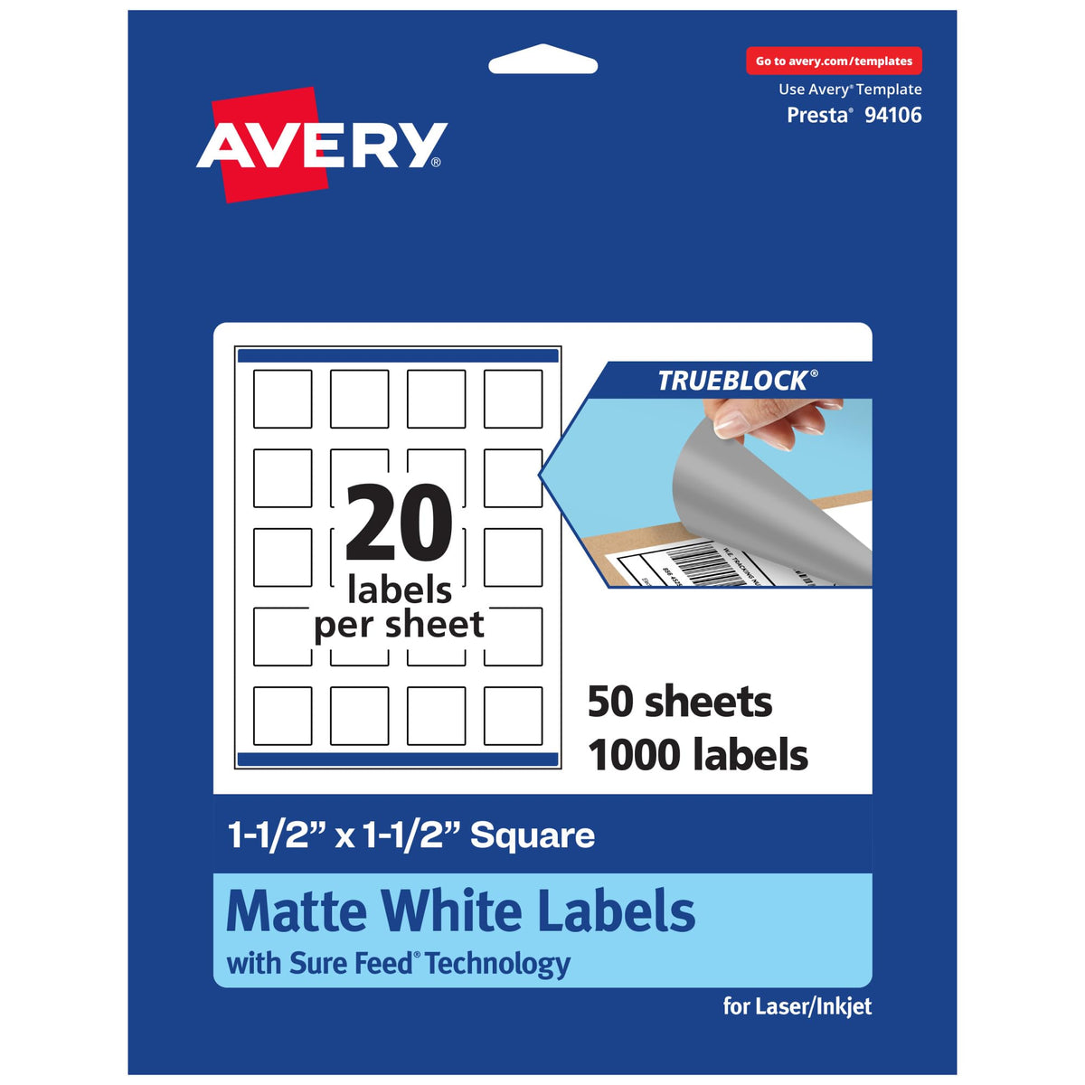 Avery TrueBlock Matte White Square Labels, Sure Feed Technology, 1.5" x 1.5", 1,000 Matte White Labels, Print-to-The-Edge, Laser/Inkjet Printable, Great for Packaging and Product Merchandising 1,000 labels
