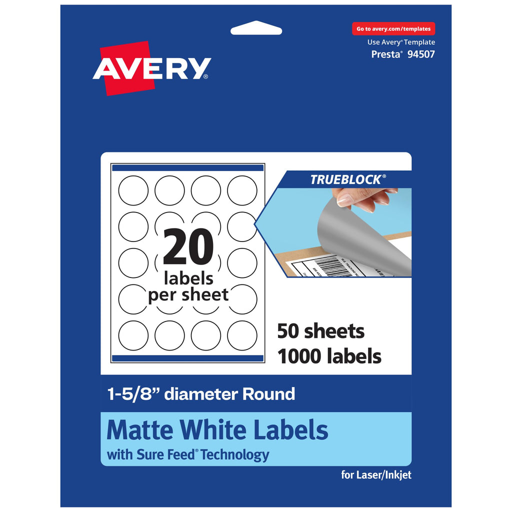 Avery TrueBlock Matte White Round Labels, Sure Feed Technology, 1-5/8" Diameter, 1,000 Matte White Labels, Print-To-The-Edge, Laser/Inkjet Printable, Great for Making Stickers or Product Merchandising 1,000 labels