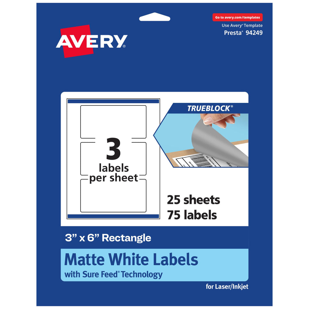 Avery® TrueBlock® Matte White Rectangle Labels, Sure Feed® Technology, 3" x 6", 75 Matte White Labels, Print-to-The-Edge, Laser/Inkjet Printable, Great for Packaging and Product Merchandising 75 labels