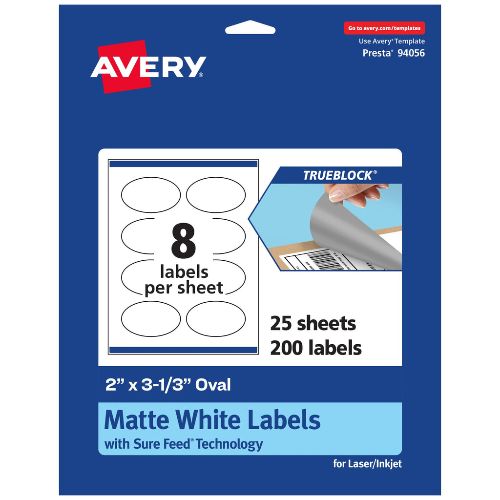 Avery® TrueBlock® Matte White Oval Labels, Sure Feed® Technology, 2" x 3-1/3", 200 Matte White Labels, Print-to-The-Edge, Laser/Inkjet Printable, Great for Packaging and Product Merchandising 200 labels