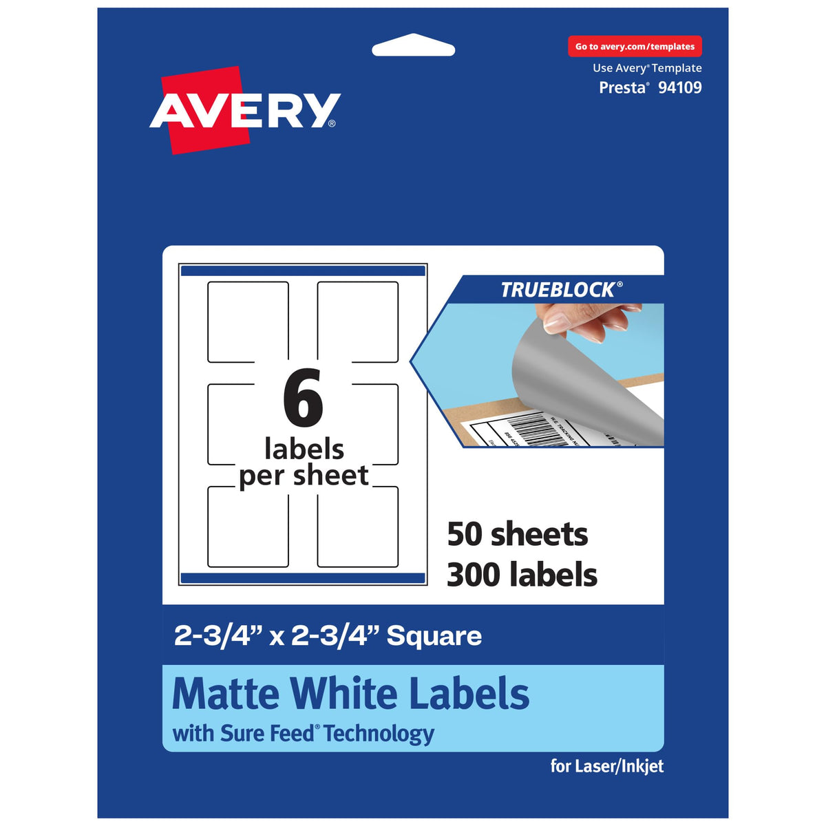 Avery® TrueBlock® Matte White Square Labels, Sure Feed® Technology, 2.75" x 2.75", 300 Matte White Labels, Print-to-The-Edge, Laser/Inkjet Printable, Great for Packaging and Product Merchandising 300 labels