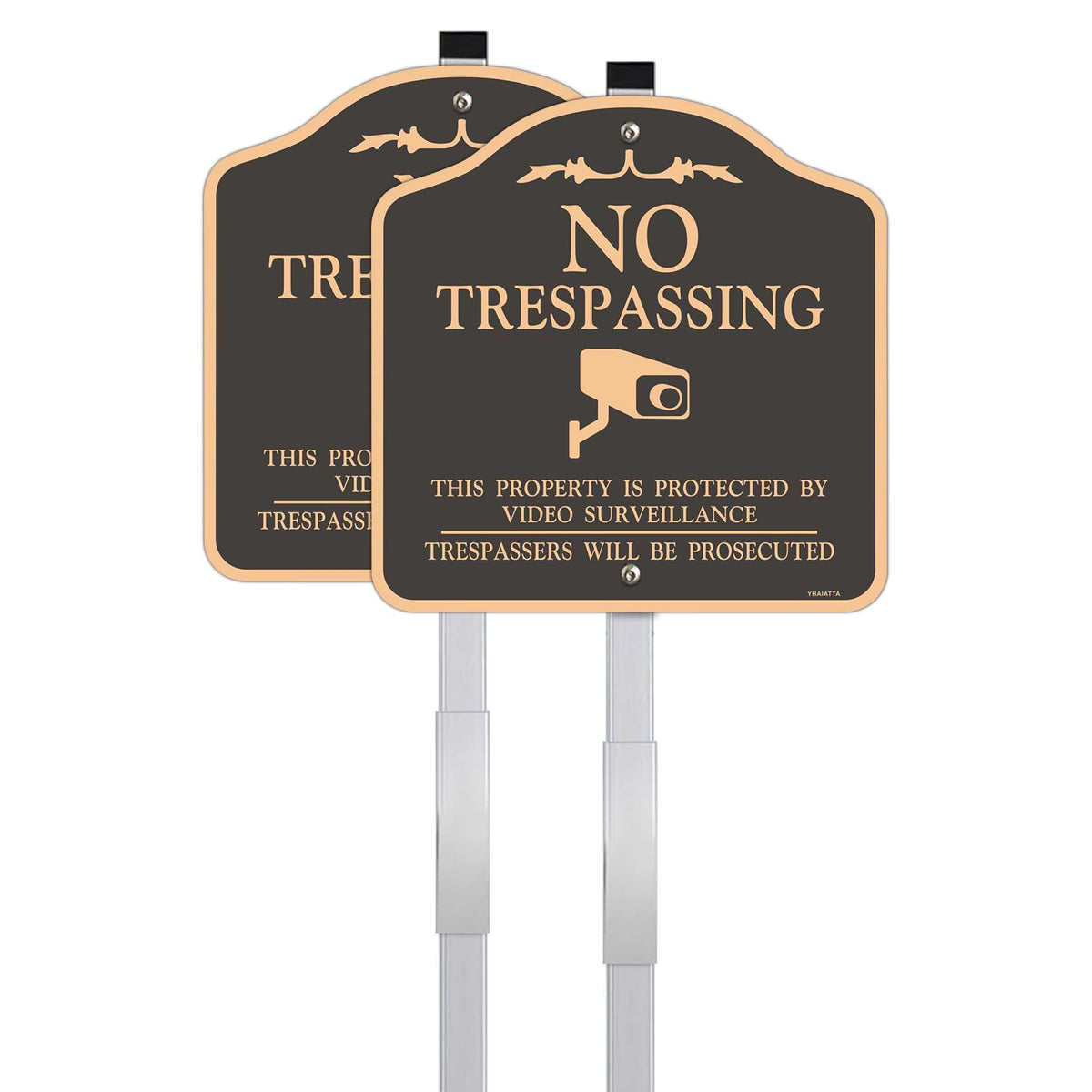 (2 Pack) Large No Trespassing Sign, Video Surveillance Signs Outdoor, Reflective, Metal, Aluminum, Includes Metal Yard Stakes for Easy Installation, 12x12 Inches