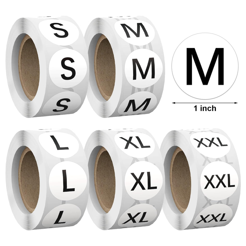 2500 Pcs 1 Inch Size Stickers for Clothing S-XXL, 5 Rolls