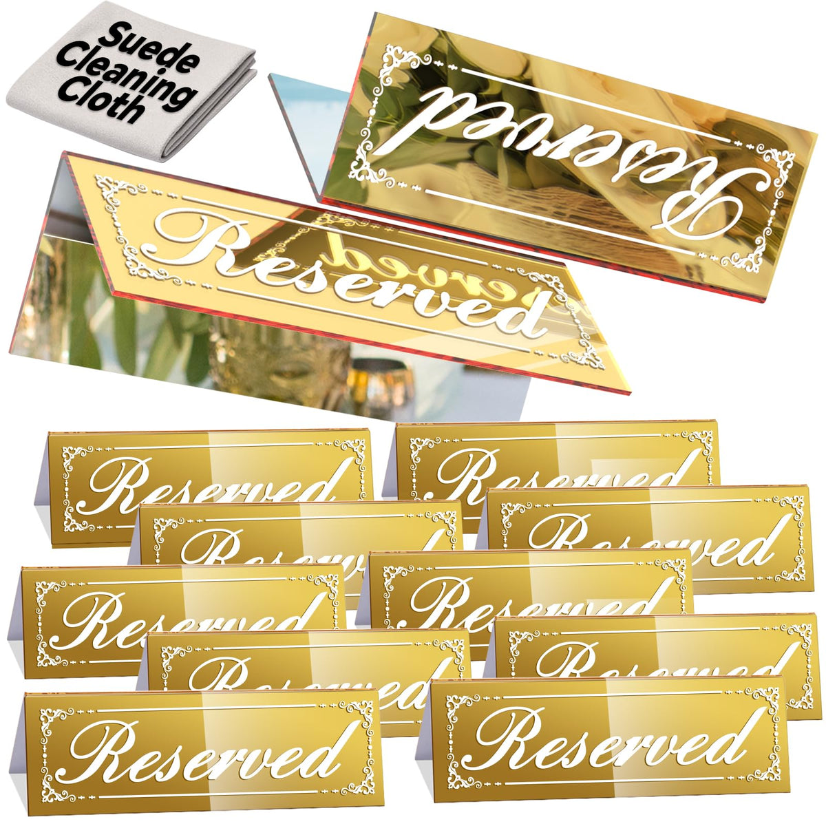 12 PCS 6"x2" Gold Mirror Reserved Table Signs, Double-Sided Lettering