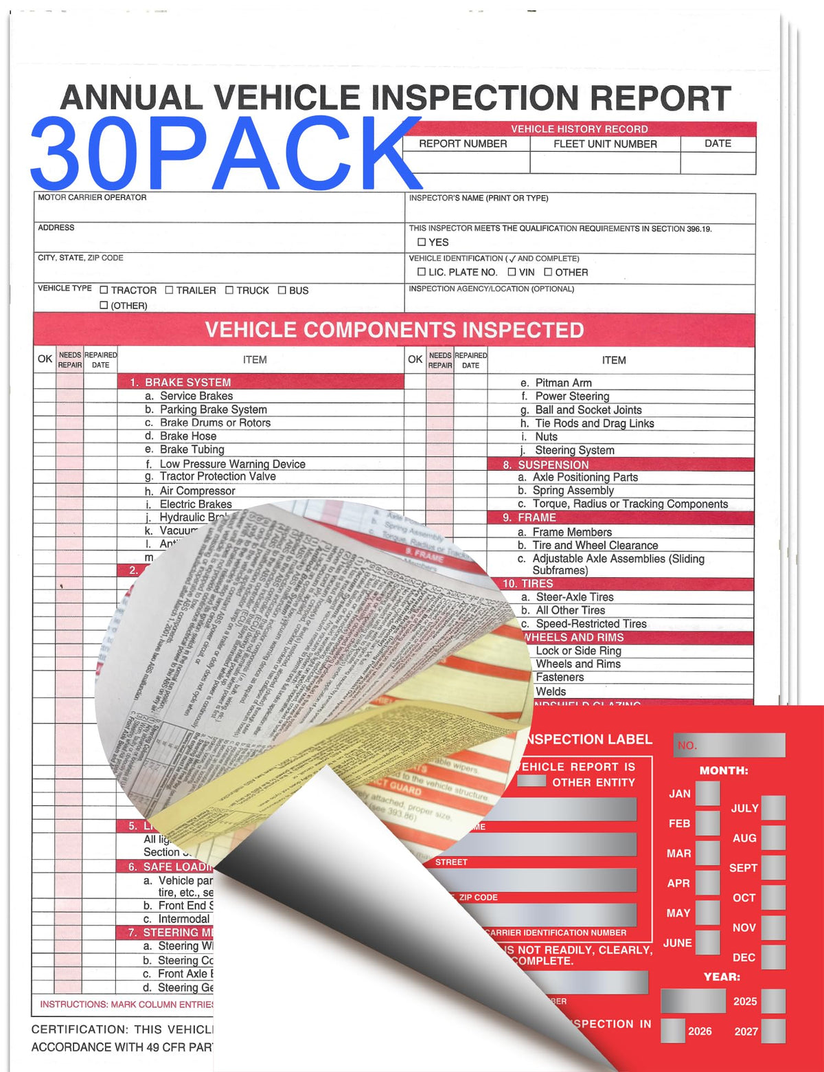 Annual Vehicle Condition Report Forms with Aluminum Date Labels, 30-Pack, 3-Ply Carbonless for Fleet Management