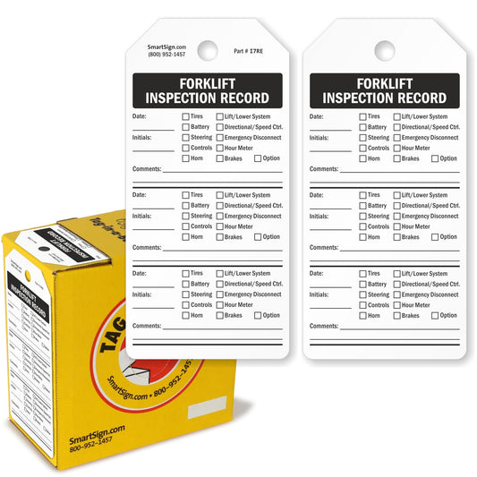 SmartSign 100-Pack Forklift Inspection Record Tags, 2-Sided Write-On Tags in Dispenser Box, Checkboxes for Tires/Battery/Steering/Horn/Lift/Brakes, 6.25" x 3", 10 mil Plastic, Black and White