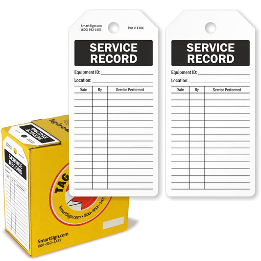 SmartSign 100-Pack Service Record Tags, 2-Sided Write-On Tags in Dispenser Box, Blank Grid and Fields for Equipment/Repair Details, 6.25" x 3", 10 mil Plastic, Waterproof, Black and White