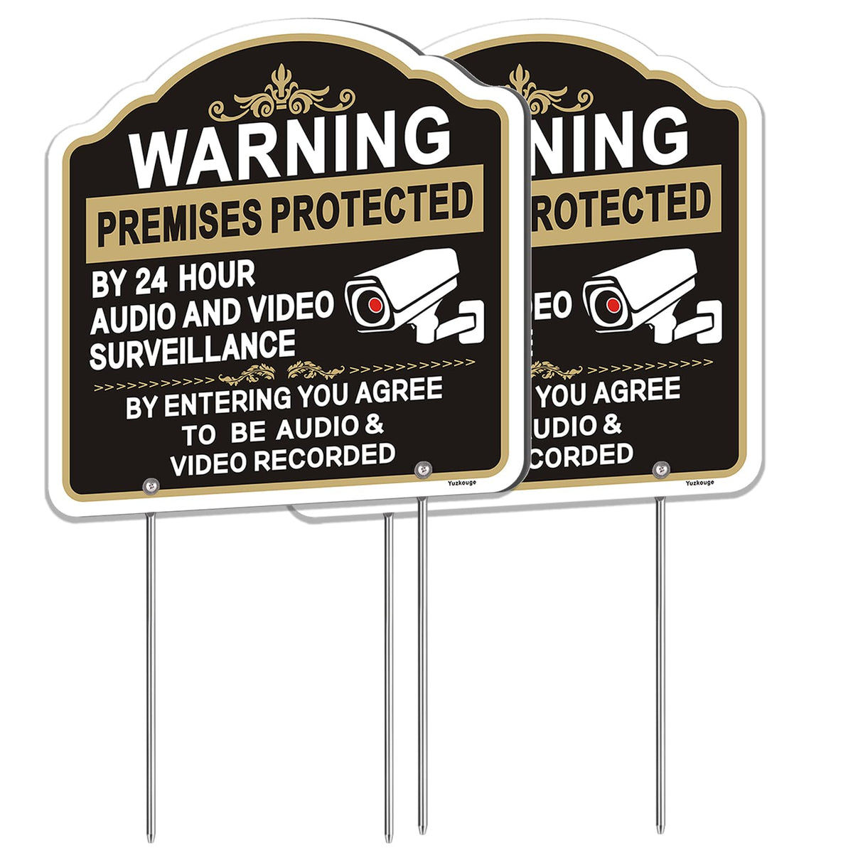 2 Pack Warning Premises Protected By 24 Hour Audio and Video Surveillance Sign with Stake, 12” x 12” aluminum No Trespassing sign for House Lawn Business.