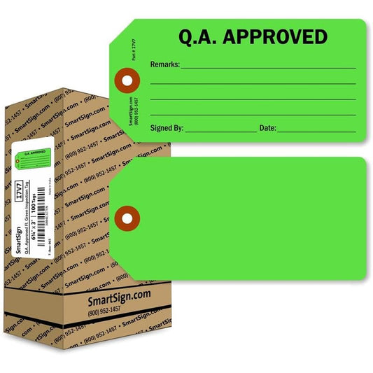 SmartSign 100-Pack 'Q.A. Approved' Fluorescent Green Tags in Box, 3" x 6.25", 13pt Thick Write-On Cardstock Tags, Double-Sided, Pre-Punched Hole with Fiber Patch, for Equipment, Inventory Status