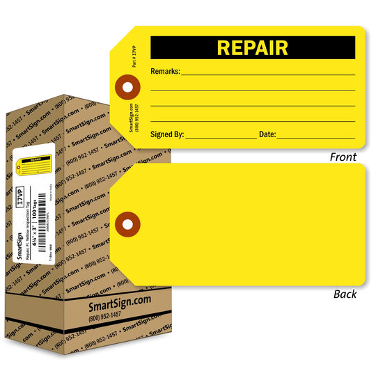 SmartSign 100-Pack 'Repair' Fluorescent Yellow Tags in Box, 3" x 6.25", 13pt Thick Write-On Cardstock Tags, Double-Sided, Pre-Punched Hole with Fiber Patch, for Equipment, Inventory Status