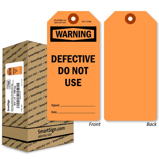 SmartSign 100-Pack 'Warning Defective Do Not Use' Fluorescent Orange Tags in Box, 3" x 6.25", 13pt Write-On Cardstock Tags, 2-Sided, Pre-Punched Hole with Fiber Patch, for Equipment, Inventory Status