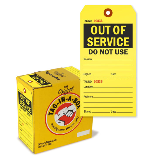 SmartSign 100-Pack 'Out of Service DO NOT USE' Fluorescent Yellow Tags in Box, 3" x 6.25", 13pt Write-On Cardstock Tags, 2-Sided, Pre-Punched Hole with Fiber Patch, for Equipment, Inventory Status