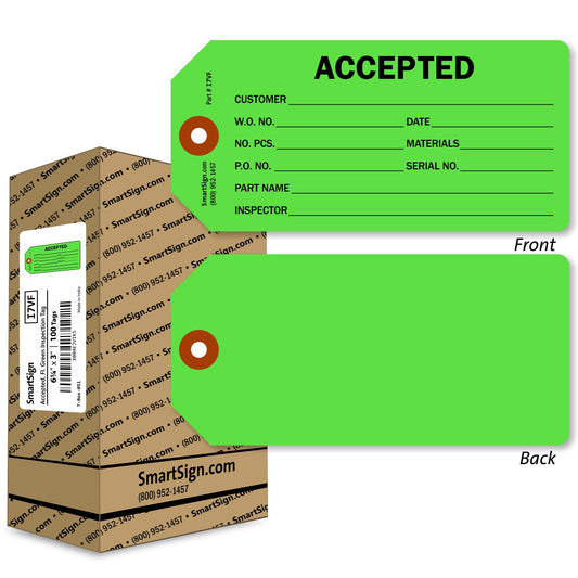 SmartSign 100-Pack 'Accepted' Fluorescent Green Tags in Box, 3" x 6.25", 13pt Thick Write-On Cardstock Tags, Double-Sided, Pre-Punched Hole with Fiber Patch, for Equipment, Inventory Status