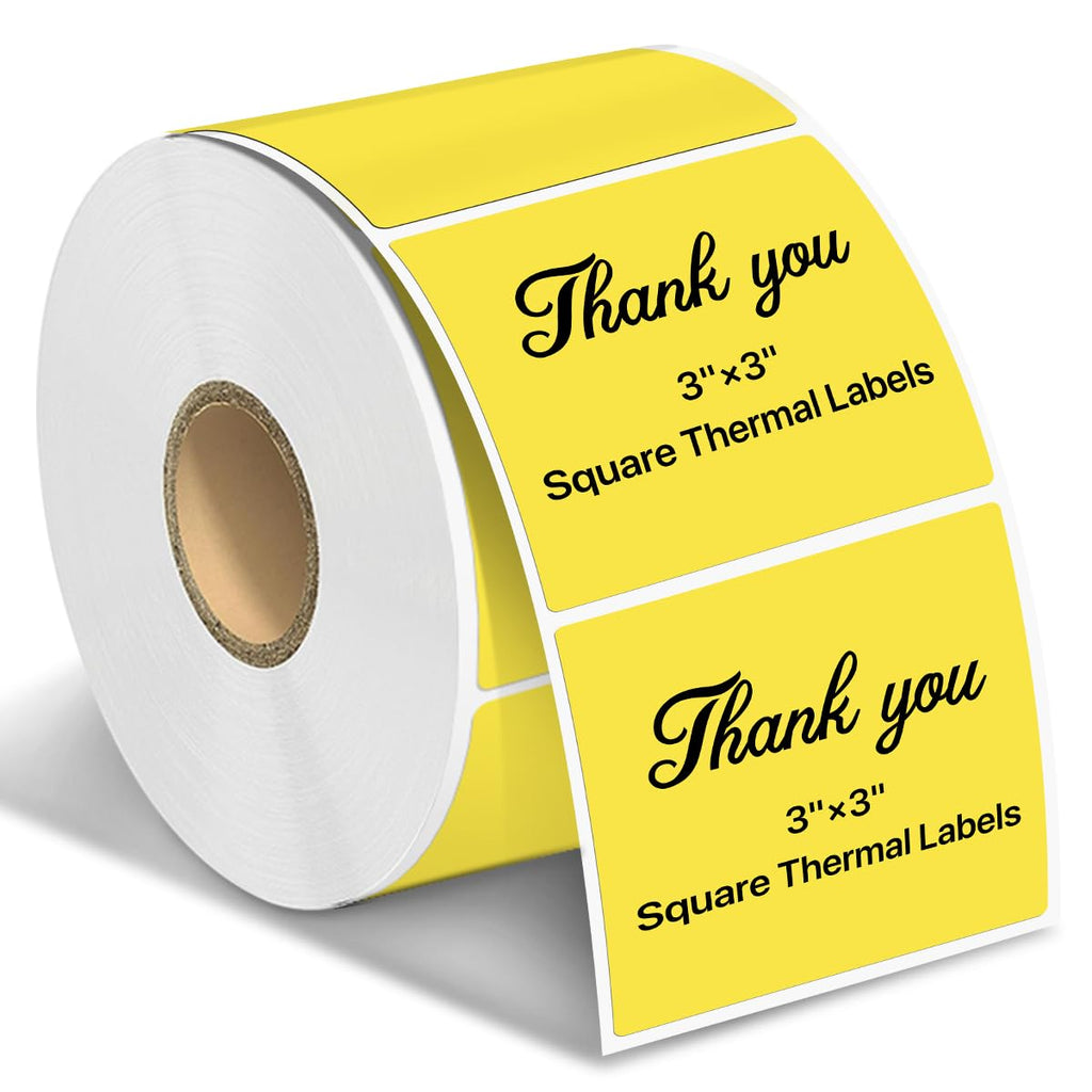 3"x3" Square Thermal Labels Stickers, Yellow, 500 Sheets/Roll