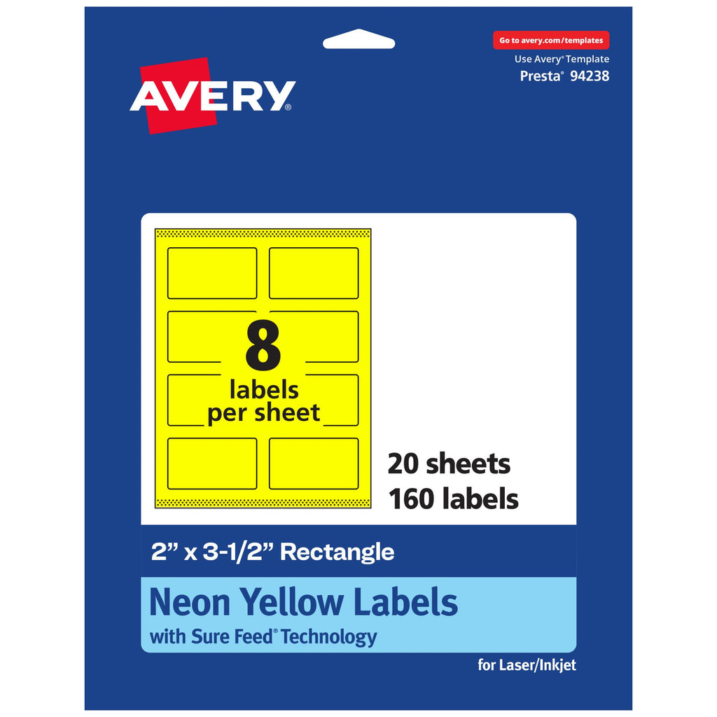 Avery Printable Rectangle Labels, Sure Feed Technology, 2" x 3-1/2", Neon Yellow Labels, Print-to-The-Edge, Laser/Inkjet Printable, 160 Total, Great for Mailing and Candles 160 labels