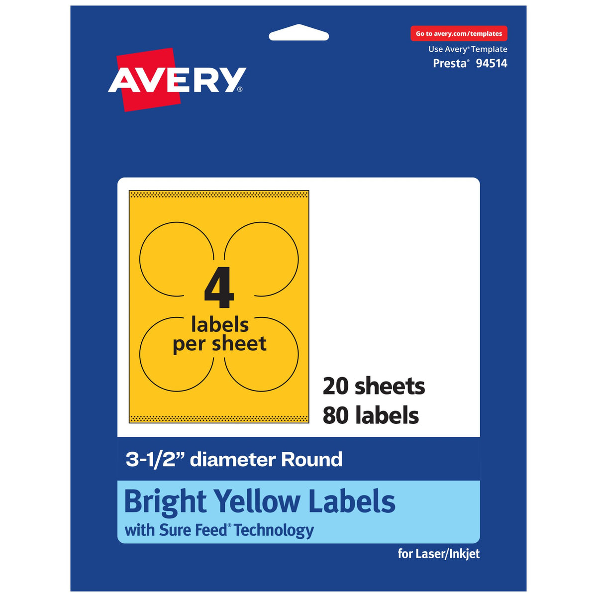 Avery® Printable Round Labels, Sure Feed® Technology, 3-1/2" Diameter, Bright Yellow Labels, Print-to-The-Edge, Laser/Inkjet Printable, 80 Total, Great for Packaging and Candles 80 labels