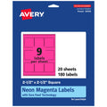 Avery® Printable Square Labels, Sure Feed® Technology, 2-1/2" x 2-1/2", Neon Magenta Labels, Laser/Inkjet Printable, 180 Total, Great for Jars and Packaging 180 labels