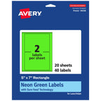 Avery® Printable Rectangle Labels, Sure Feed® Technology, 5" x 7", Neon Green Labels, Laser/Inkjet Printable, 40 Total, Great for Shipping and Packaging 40 labels