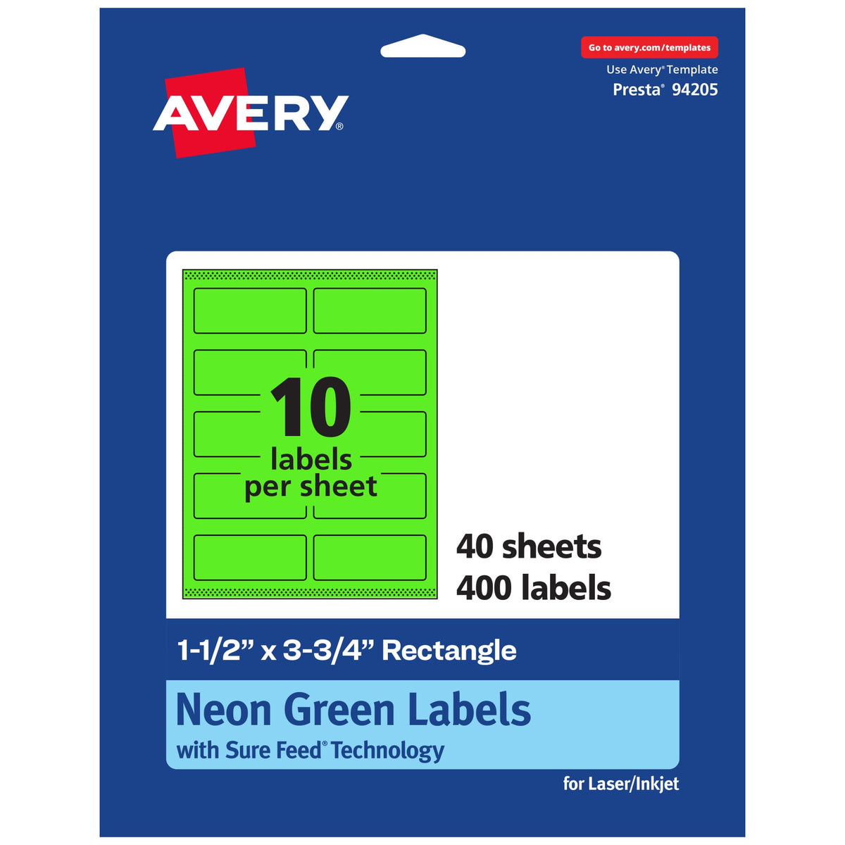 Avery® Printable Rectangle Labels, Sure Feed® Technology, 1-1/2" x 3-3/4", Neon Green Labels, Print-to-The-Edge, Laser/Inkjet Printable, 400 Total, Great for Mailing and Candles 400 labels