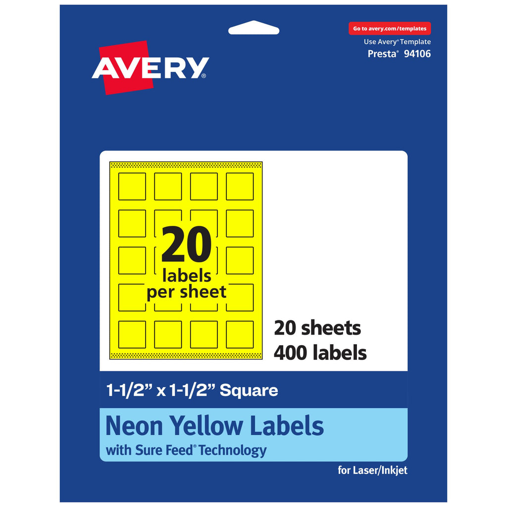 Avery Printable Square Labels, Sure Feed Technology, 1-1/2" x 1-1/2", Neon Yellow Labels, Print-to-The-Edge, Laser/Inkjet Printable, 400 Total, Great for Jars and More 400 labels