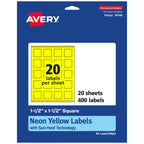 Avery Printable Square Labels, Sure Feed Technology, 1-1/2" x 1-1/2", Neon Yellow Labels, Print-to-The-Edge, Laser/Inkjet Printable, 400 Total, Great for Jars and More 400 labels